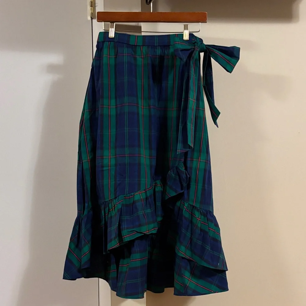 J. Crew Asymmetrical Plaid Skirt in Navy and Emerald - Picture 1 of 6